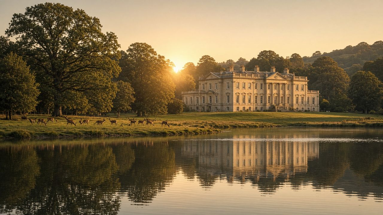 A grand English country house at golden hour, reflected in still water